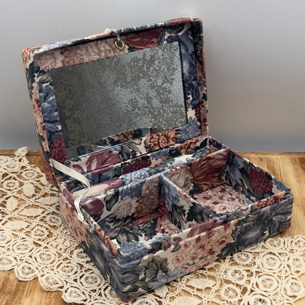Vintage Floral Jewelry Box Multicolor Tapestry Mirror Tassel 90s Small Organizer